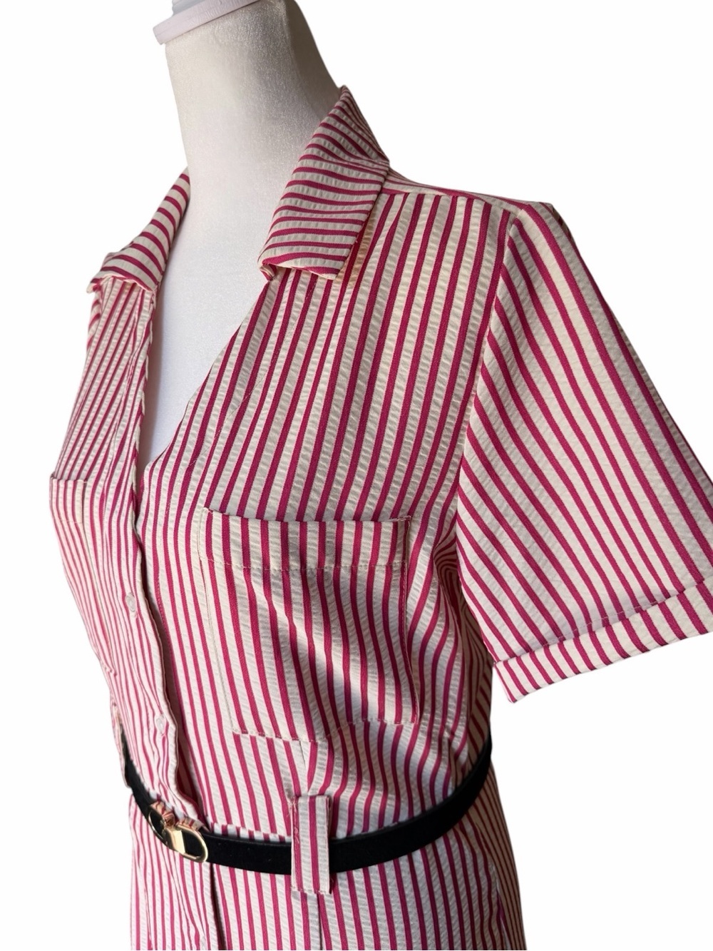 ☆𝐒𝐨𝐥𝐝☆ Vintage-Inspired FASHION NOVA Pink & White Striped Button-Front Dress. - Picture 9 of 14